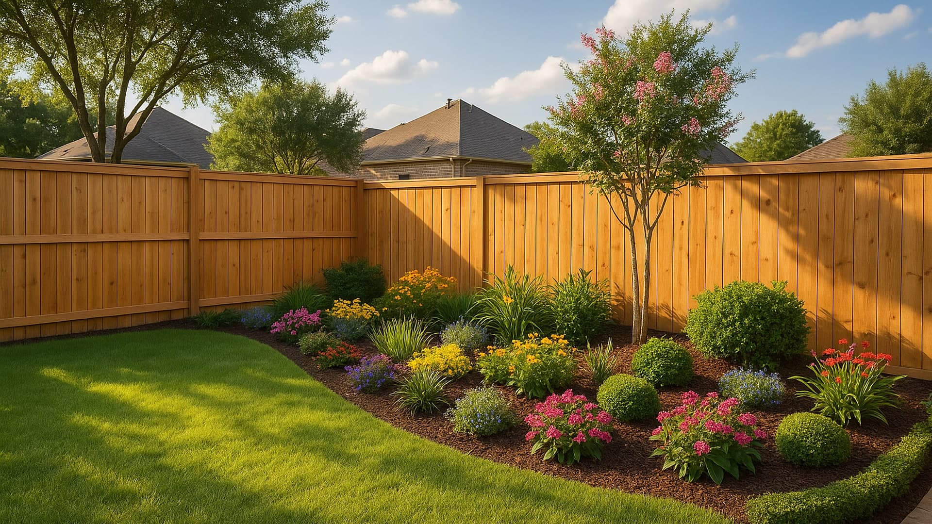Beautiful backyard with a newly installed wooden fence in Cypress, TX.