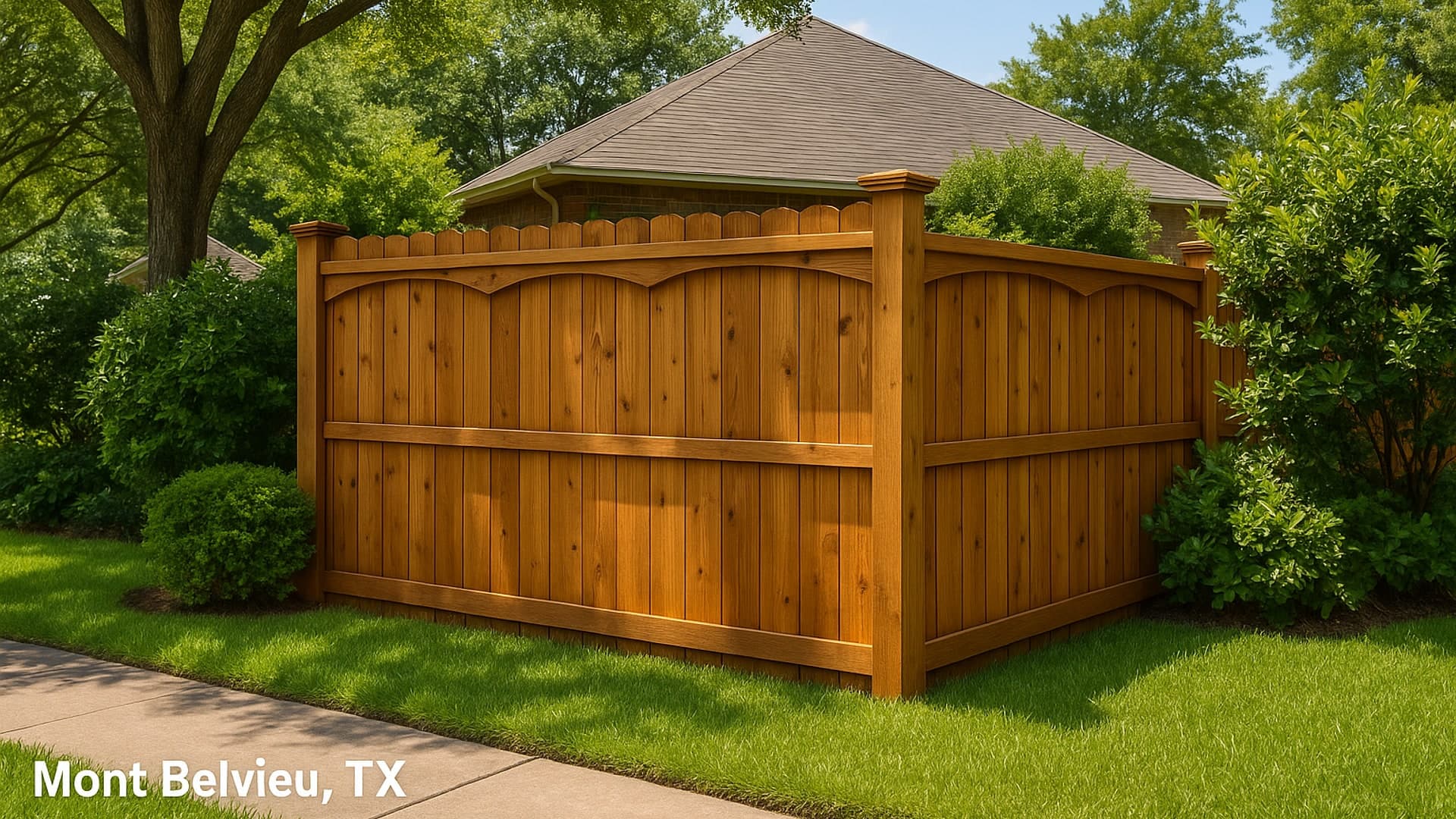 Residential fence in Mont Belvieu, TX with greenery.